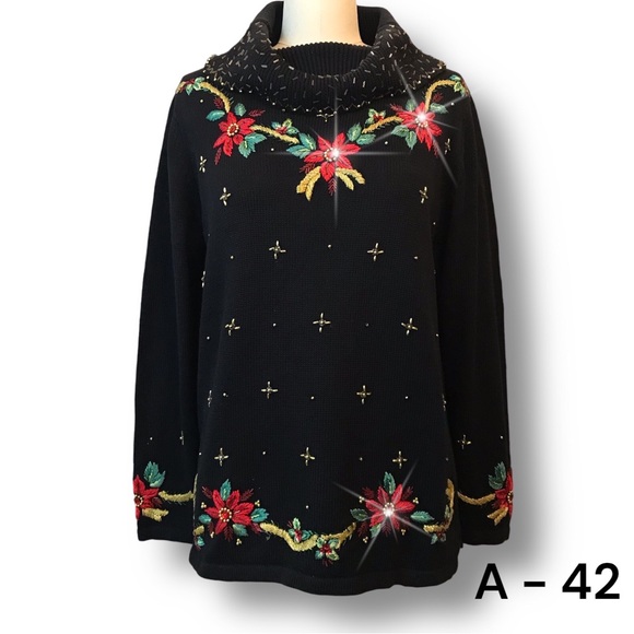 Theme Works Woman's Cardigan Sz PM Black Sequins Poinsettia Holiday Beaded - Picture 1 of 12